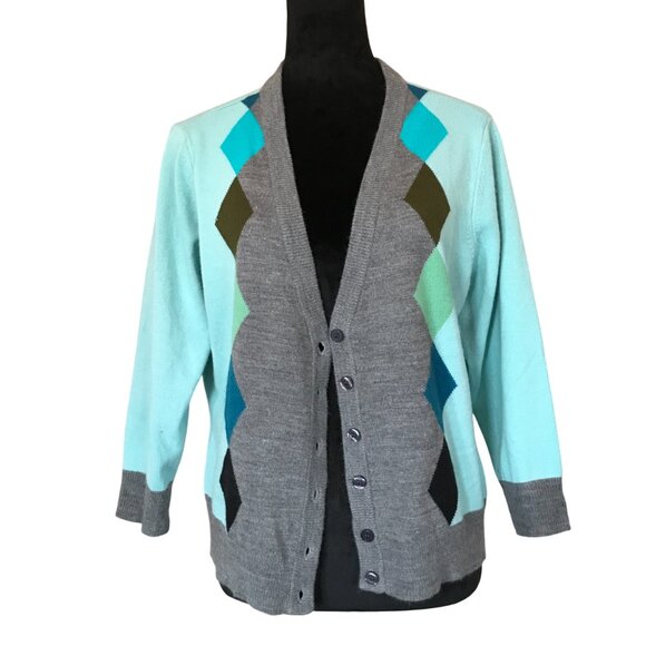 New York & Co. Argyle Button-Front Sweater: Aqua Gray Teal, Women's Size M-L - Picture 3 of 10